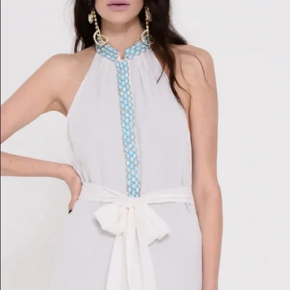 J.DOSI]Turquoise Embellishment Cream Silk Crepe Halter neck Backless Dress - Picture 2 of 16